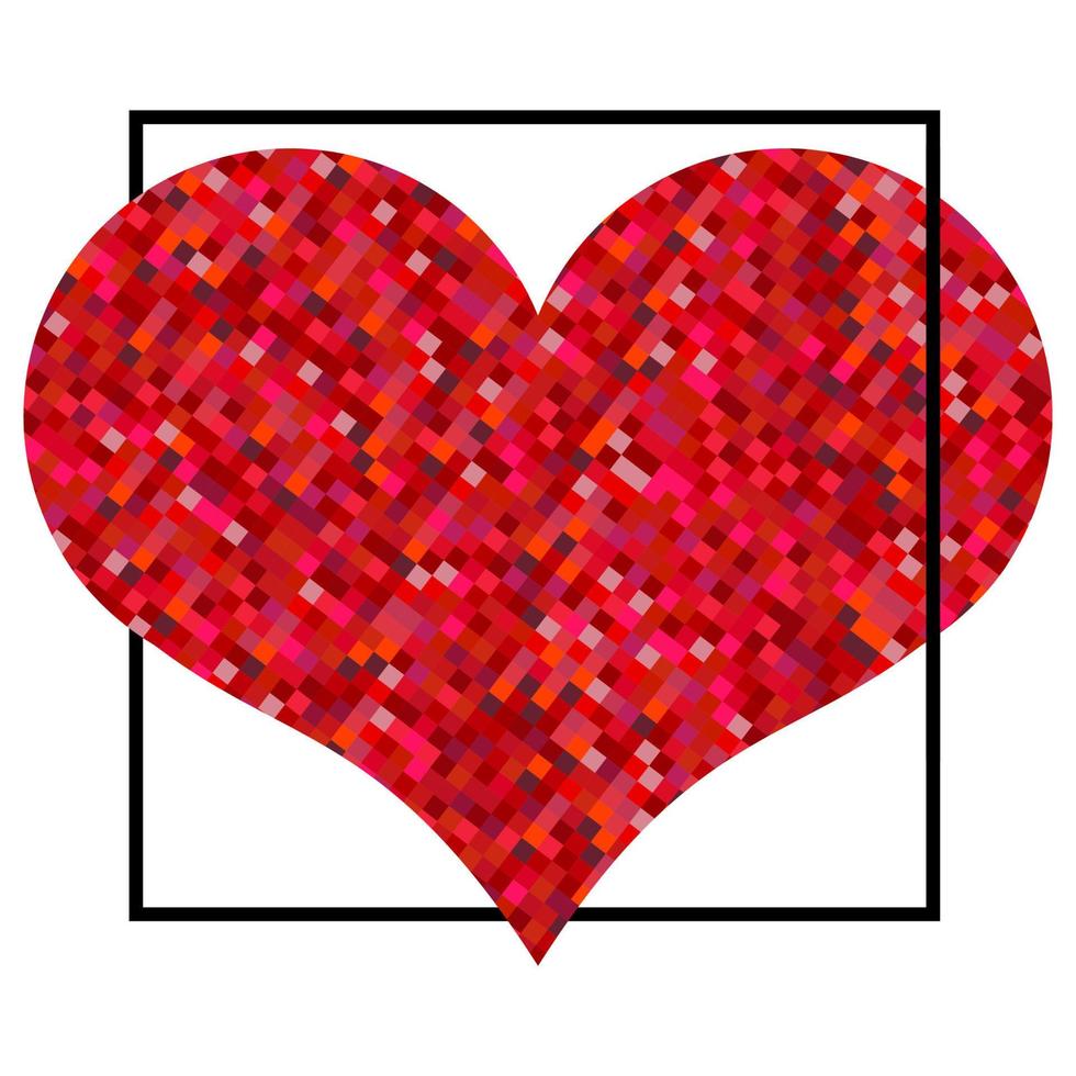 Red heart made of pixels in black square. Valentines Day background on a white background. Symbol of Love Element for wedding Template. vector