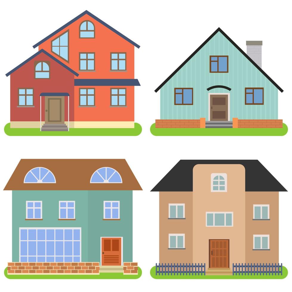 Set of four private houses on a white background. Vector illustration.