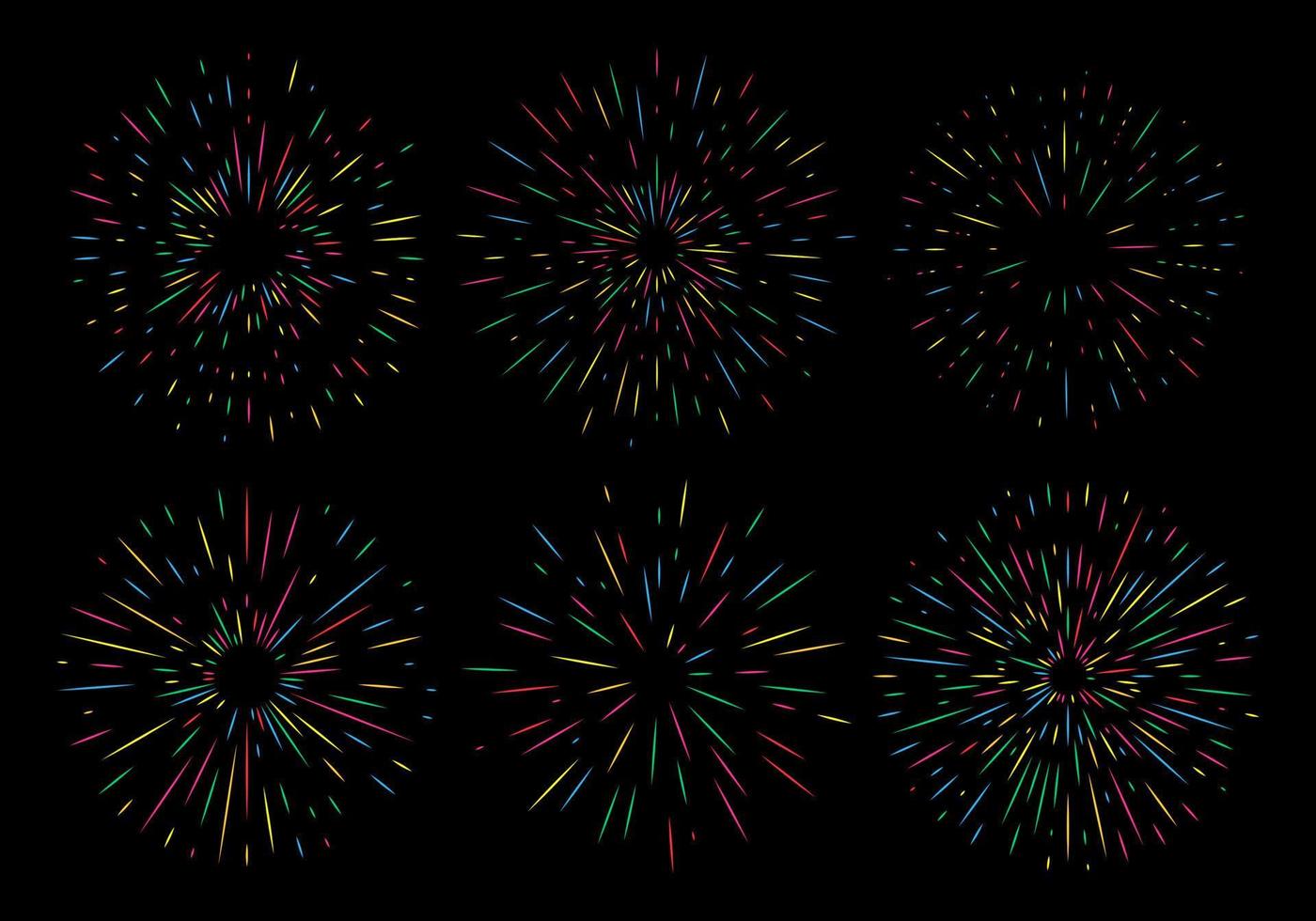 Set of six colorful Holiday Firework on night background. Festive, anniversary and celebration Bright Salute. Vector illustration