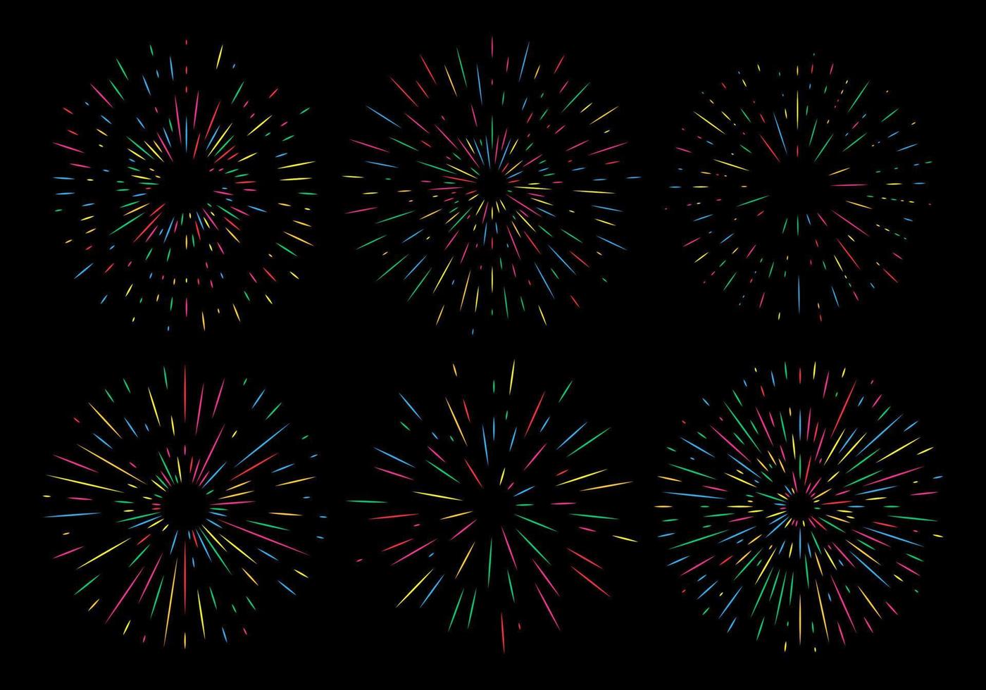 conjunto de seis coloridos fuegos artificiales de vacaciones en el fondo de la noche. Saludo brillante festivo, aniversario y celebración. ilustración vectorial vector