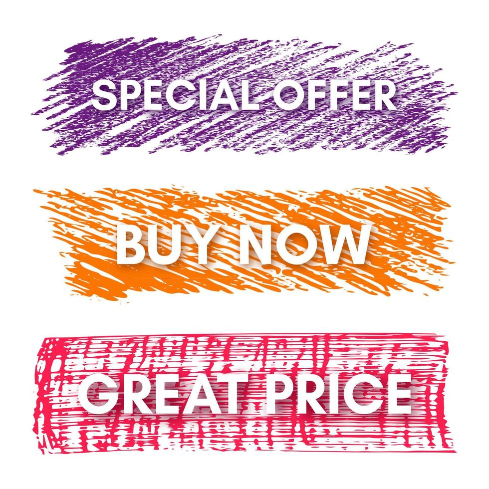 oferta especial, compre ahora, gran precio. conjunto de tres pancartas de venta en los coloridos puntos pintados. ilustración vectorial vector