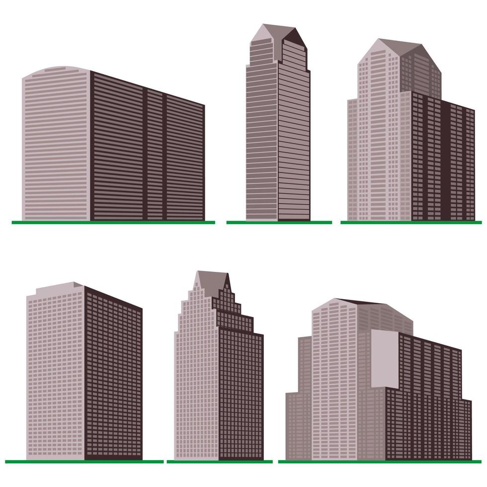 conjunto de seis edificios modernos de gran altura sobre un fondo blanco. vista del edificio desde abajo. ilustración vectorial isométrica. vector