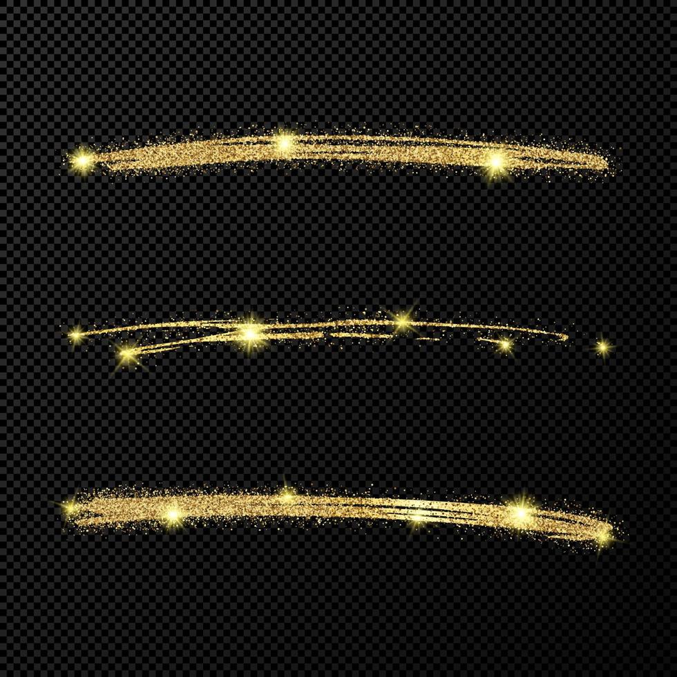 Abstract shiny confetti glittering waves. Set of three hand drawn brush golden strokes on black transparent background. Vector illustration