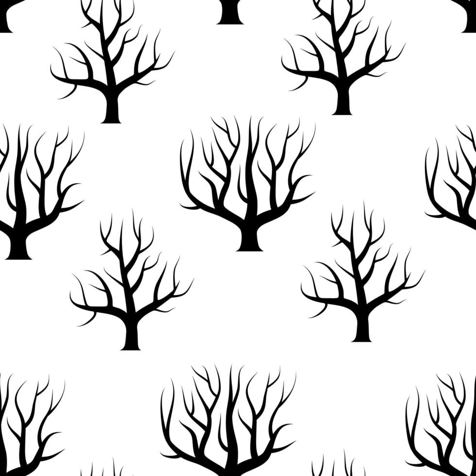 Seamless black and white curved trees without leaves backgrounds. Vector forest seamless texture.