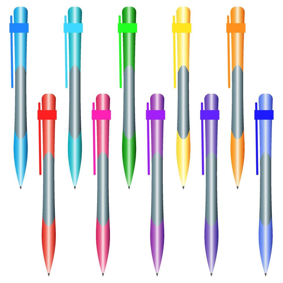 Set of multi-colored pens on a white background. Vector illustration.