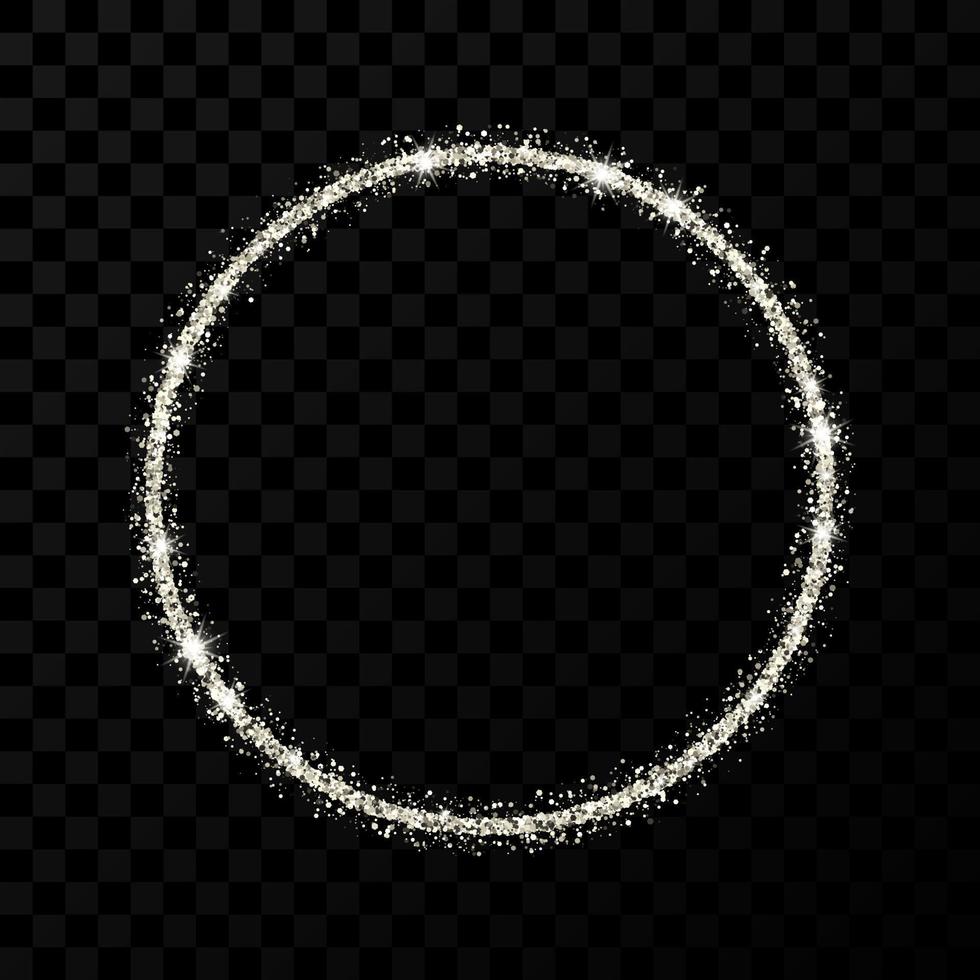 marco de brillo plateado. marco circular con estrellas brillantes y destellos sobre fondo transparente oscuro. ilustración vectorial vector