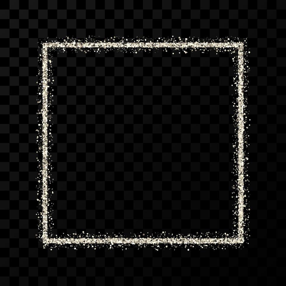 Silver glitter frame. Square frame with shiny sparkles on dark transparent background. Vector illustration