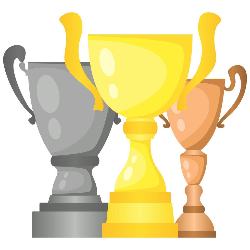 Set of vector trophy champion cups in gold, silver and bronze. Championship prizes for first, second and third place. Victory symbols isolated on white background.