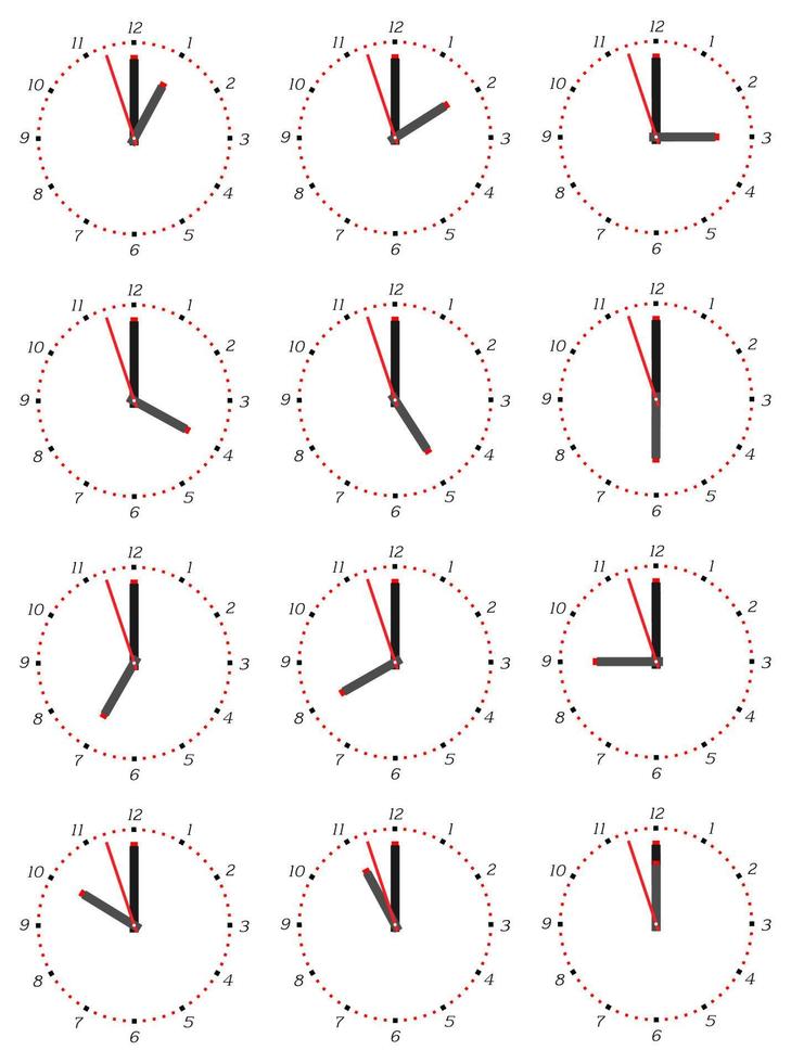 un conjunto de relojes mecánicos con una imagen de cada una de las doce horas. cara de reloj sobre fondo blanco. vector