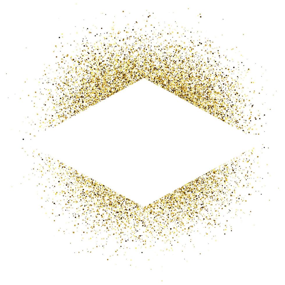 Greeting card with white rhombus frame on golden glitter background. Empty white background. Vector illustration.