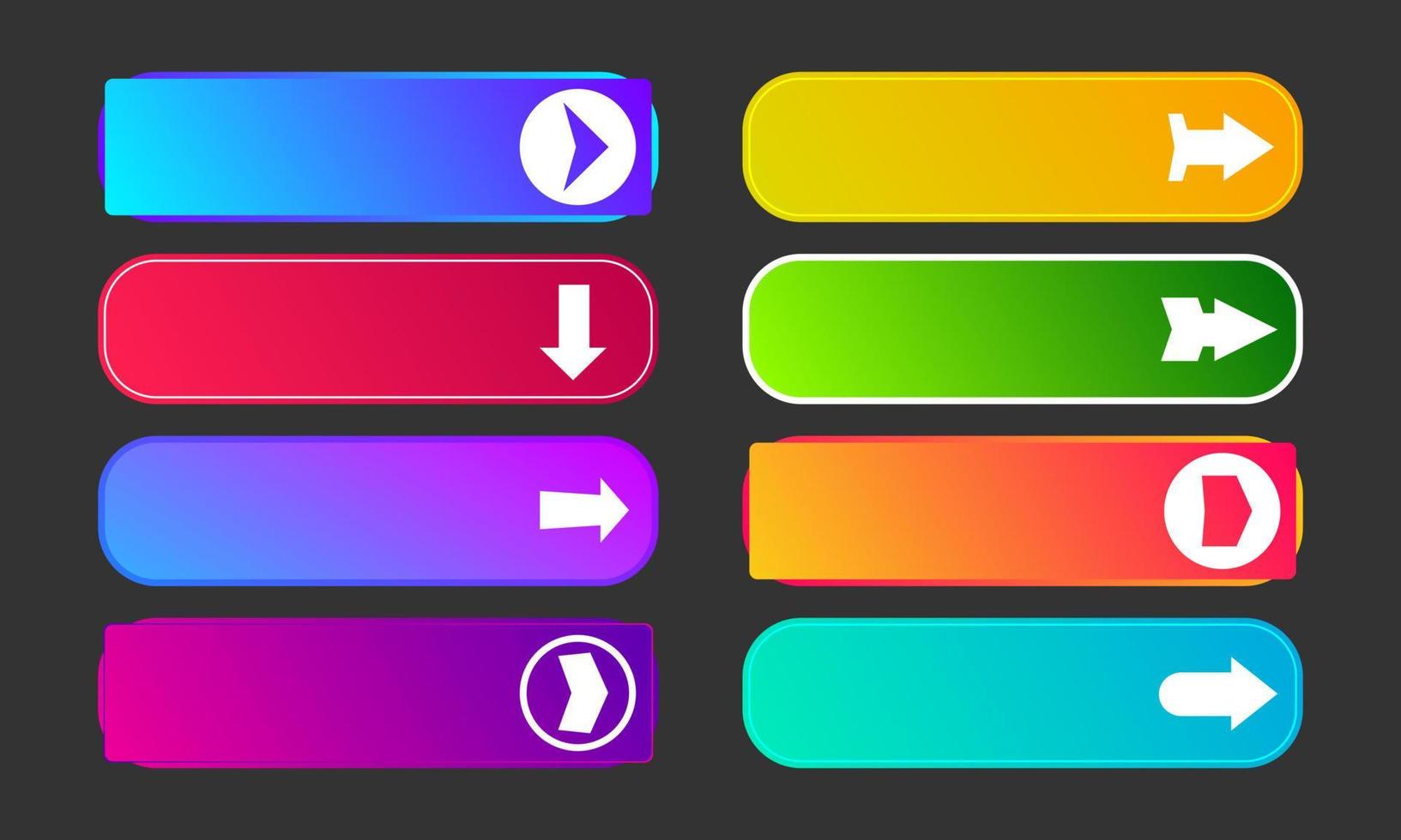 Colorful gradient buttons with arrows. Set of eight modern abstract web buttons. Vector illustration