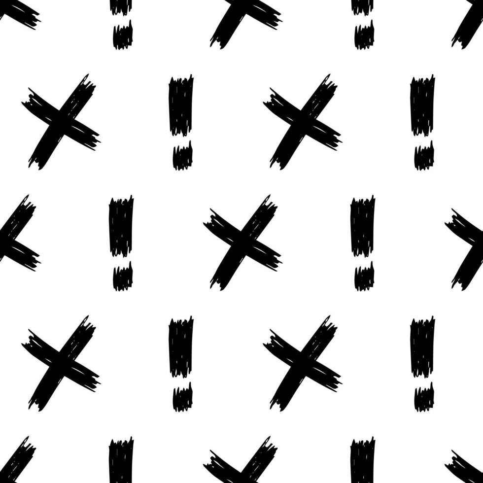 Seamless pattern with hand drawn cross and exclamation mark symbols. Black sketch cross symbol on white background. Vector illustration