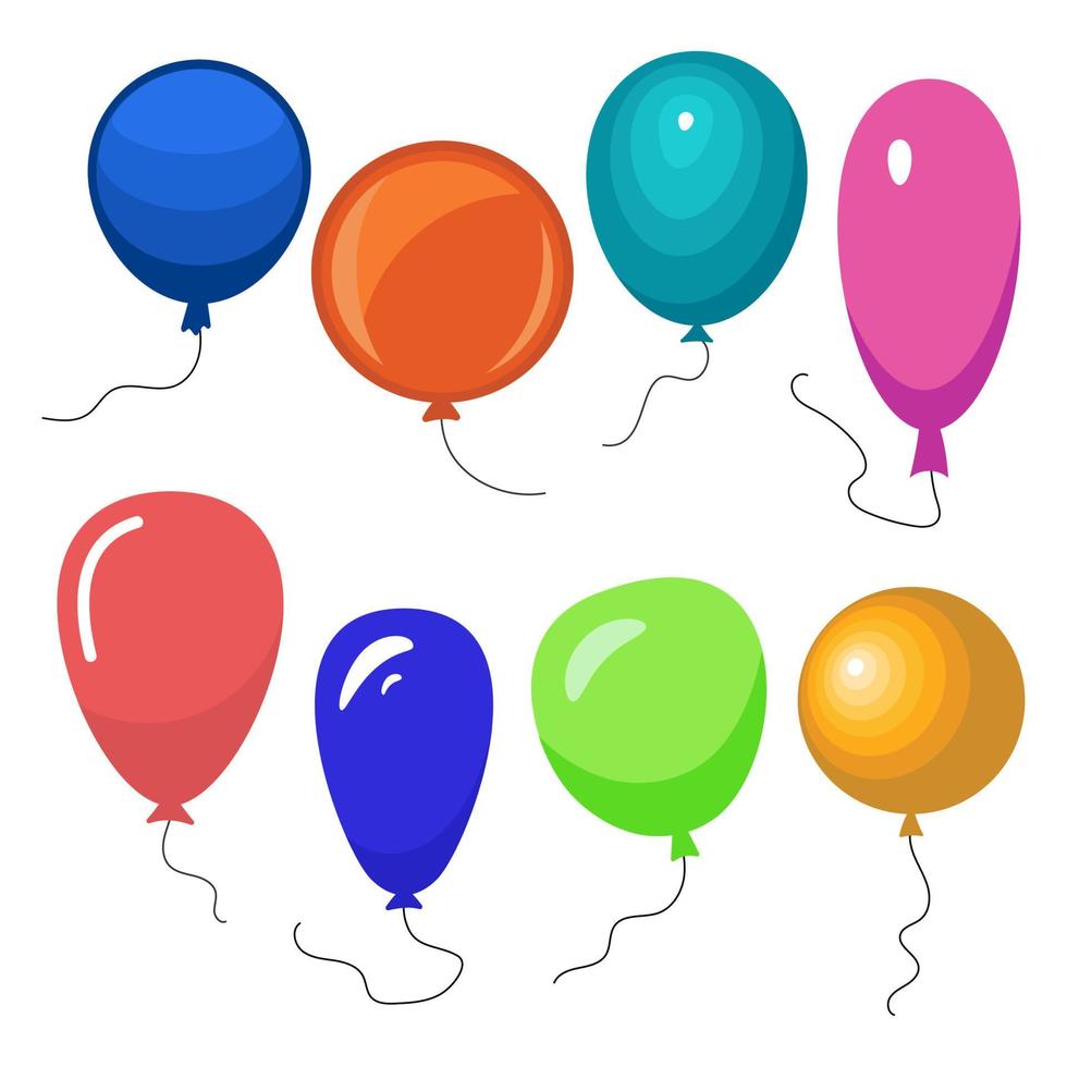 Set of eight colorful balloons with a string isolated on white background. Vector illustration