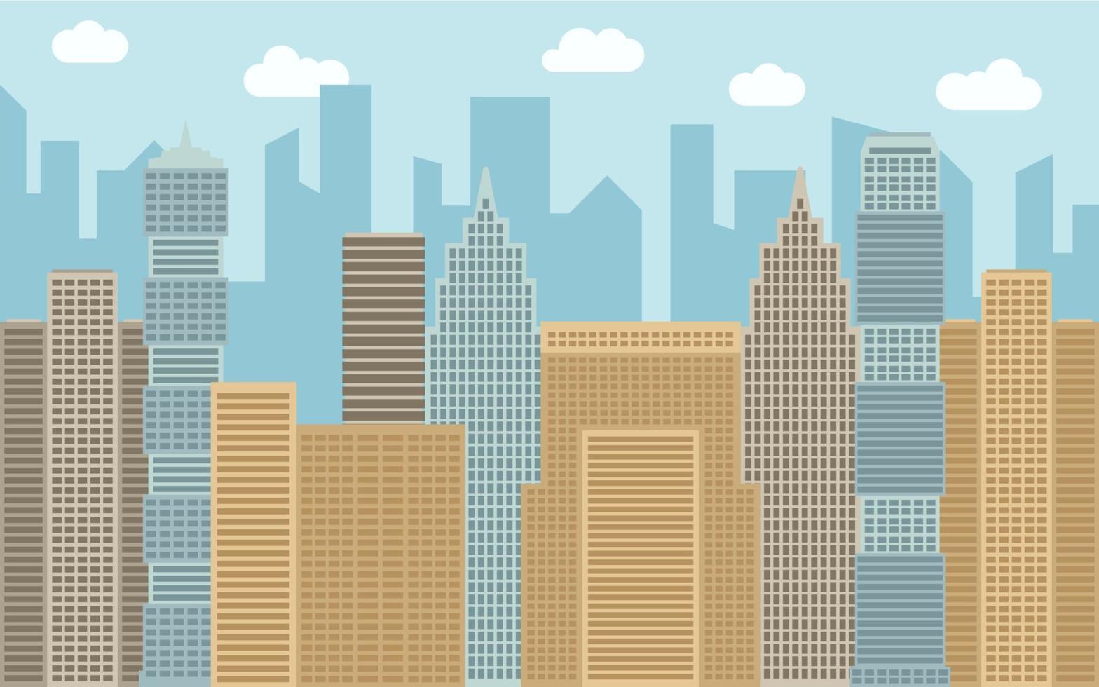 Vector urban landscape illustration. Street view with cityscape, skyscrapers and modern buildings at sunny day. City space in flat style background concept.