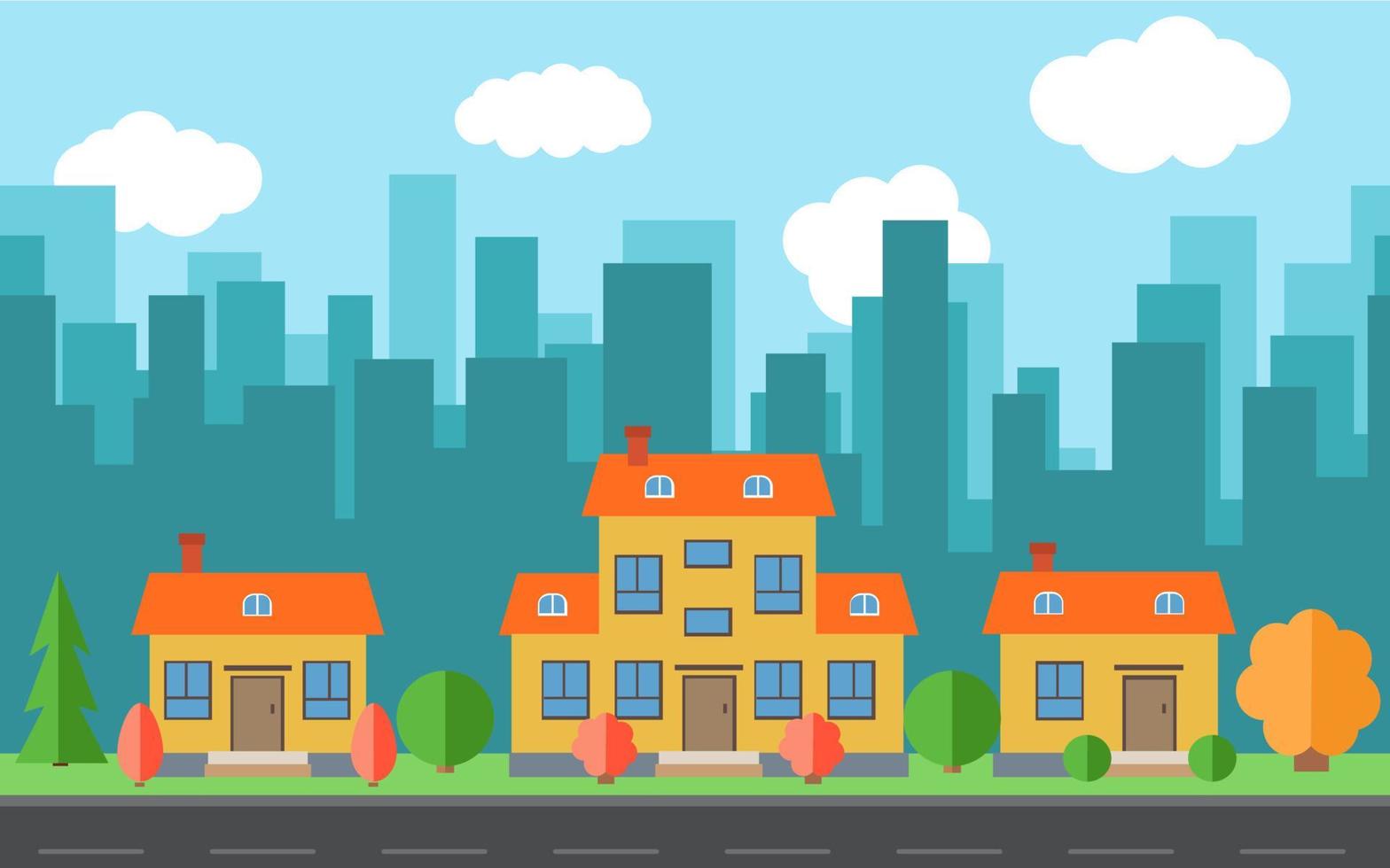 ciudad vectorial con casas y edificios de dibujos animados. espacio de la ciudad con carretera en ciudad vectorial con casas y edificios de dibujos animados. espacio de la ciudad con carretera en