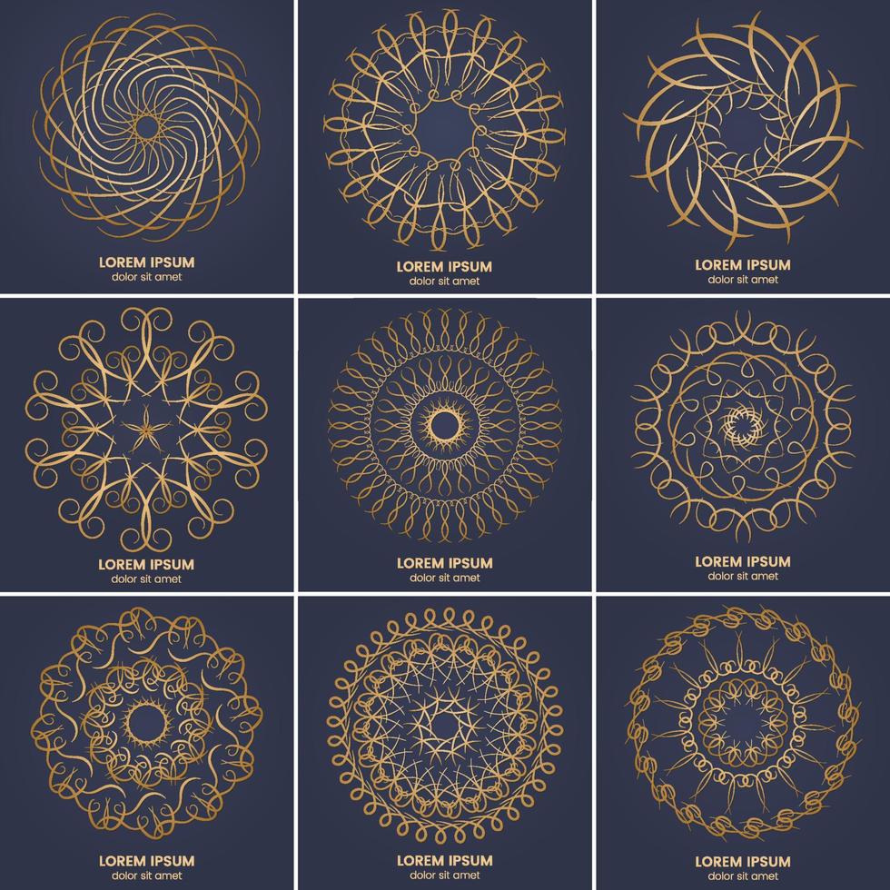 Set of nine vintage geometric circular elements. Vector gold monogram on dark blue background. Vector illustration