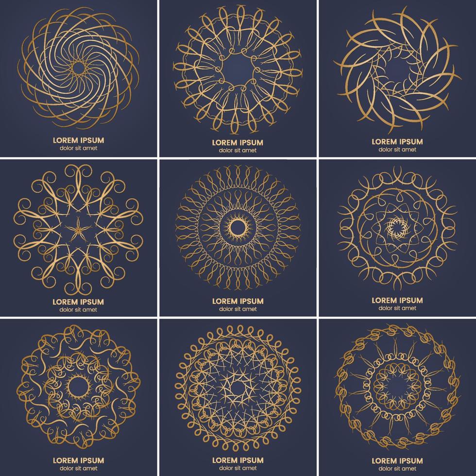 Set of nine vintage geometric circular elements. Vector gold monogram on dark blue background. Vector illustration