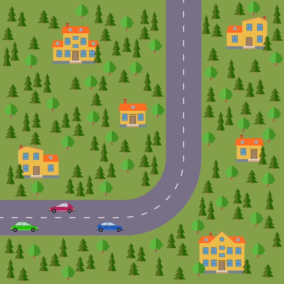 Plan of village. Landscape with the road, forest, cars and houses. Vector illustration