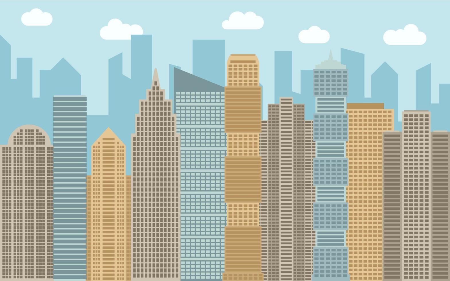 ilustración de paisaje urbano vectorial. vista de la calle con paisaje urbano, rascacielos y edificios modernos en un día soleado. espacio de la ciudad en concepto de fondo de estilo plano. vector