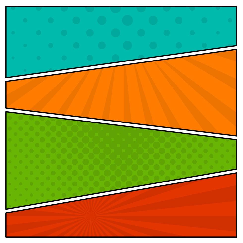 Colorful comic book page background in pop art style. Empty template with rays and dots pattern. Vector illustration
