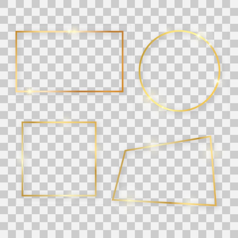 Gold shiny frames with glowing effects. Set of four gold rectangular, round, square and quadrangular frames with shadows on transparent background. Vector illustration