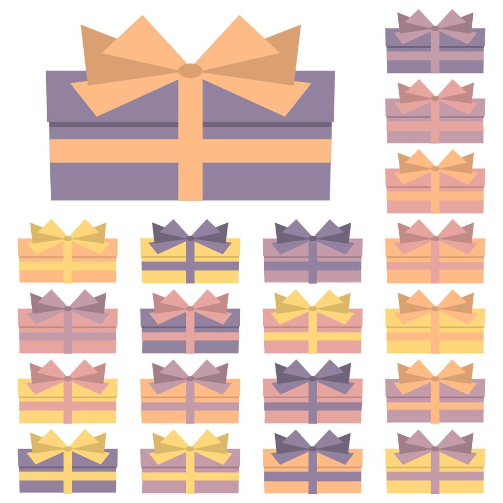 Collection of twenty multi colored gift boxes. Vector illustration