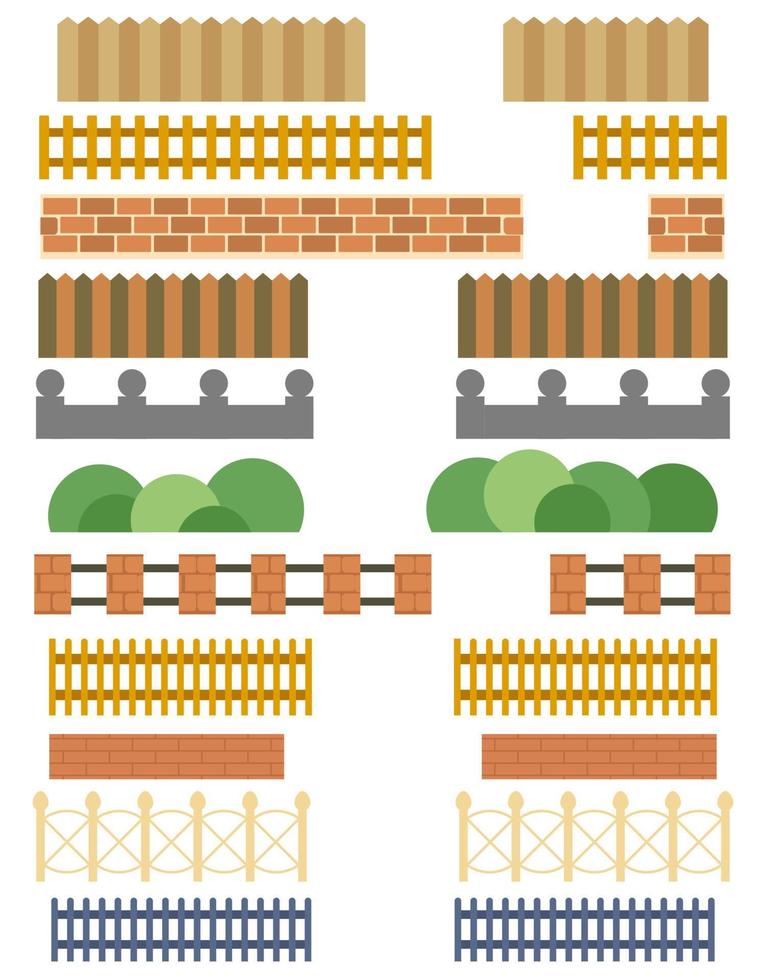 Collection of various fences and barriers. Vector illustration.