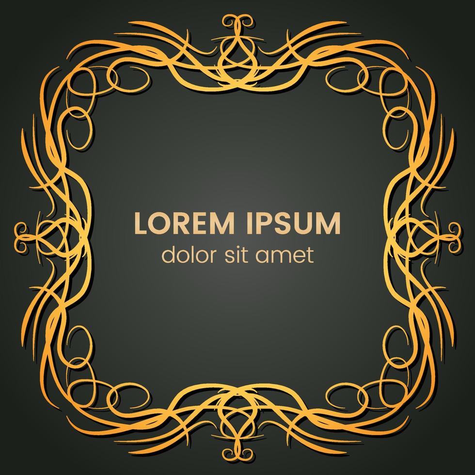 A square golden monogram element on a dark background. Vector illustration.