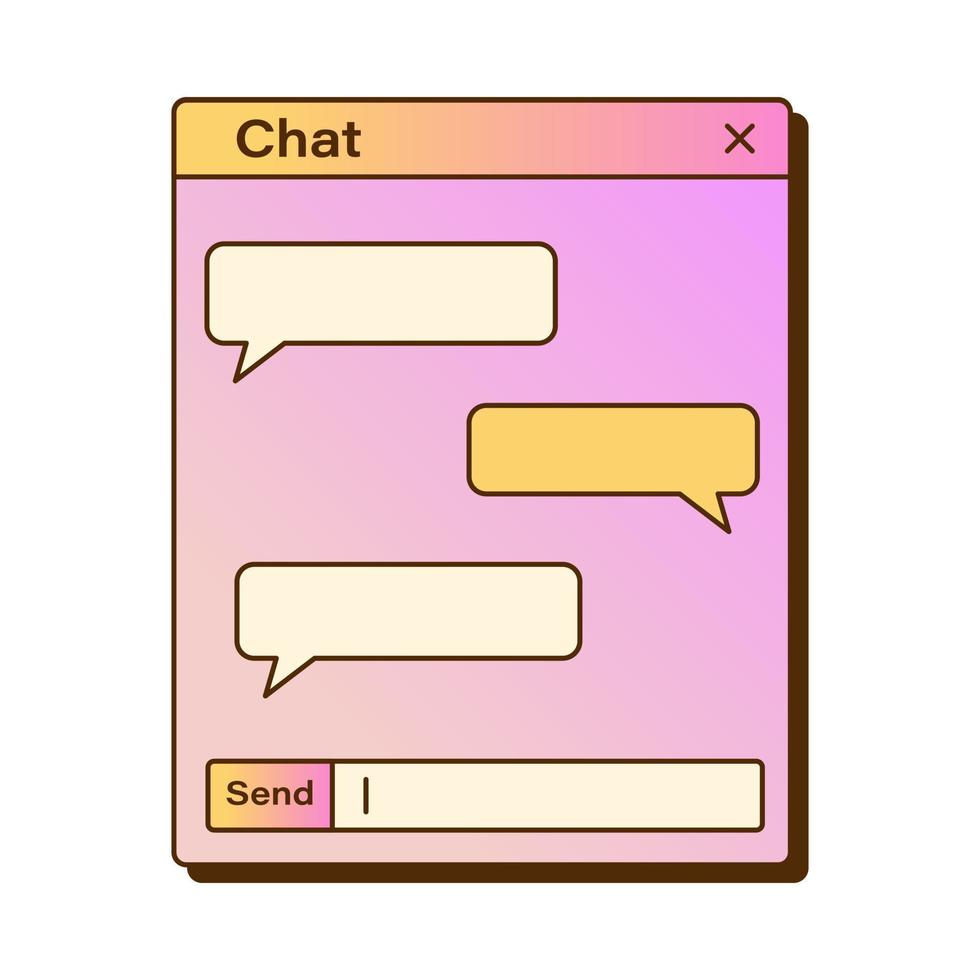 Vector retro chat window with speech bubbles. Gradient vaporwave computer interface. Chat template with shadow.