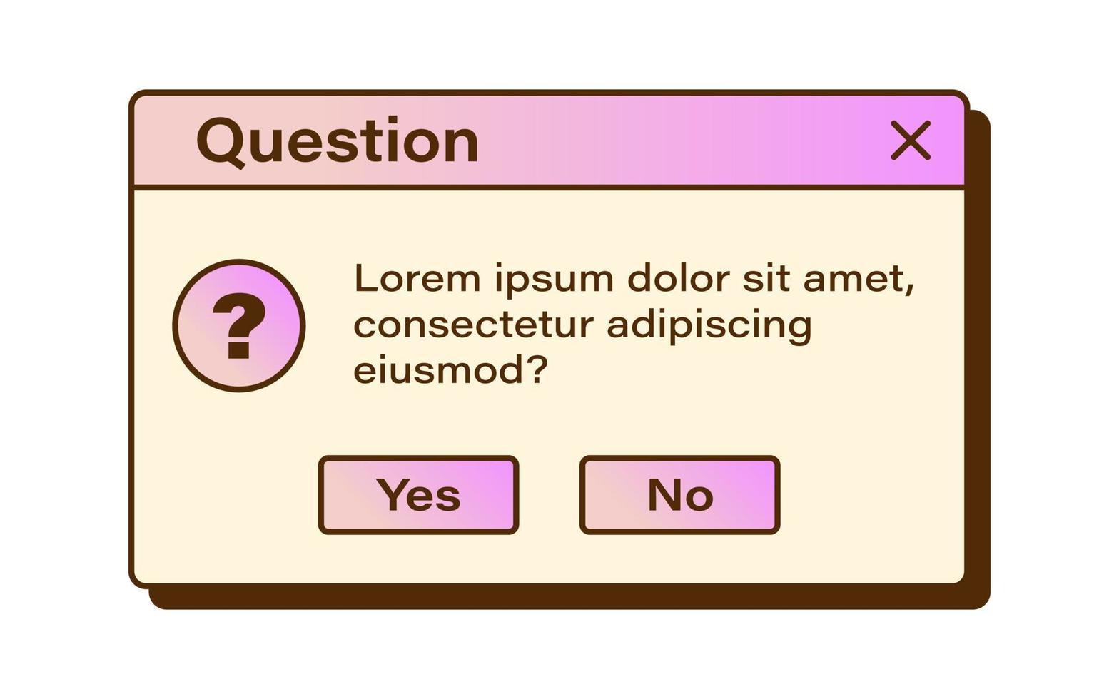 Vector retro vaporwave modal window. Gradient question dialog windows. Nostalgic UI. Retro computer interface. Question message.