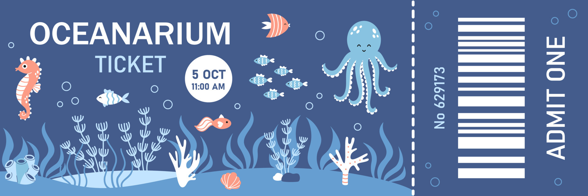 Vector Oceanarium ticket template design. Admit one ticket. Template of