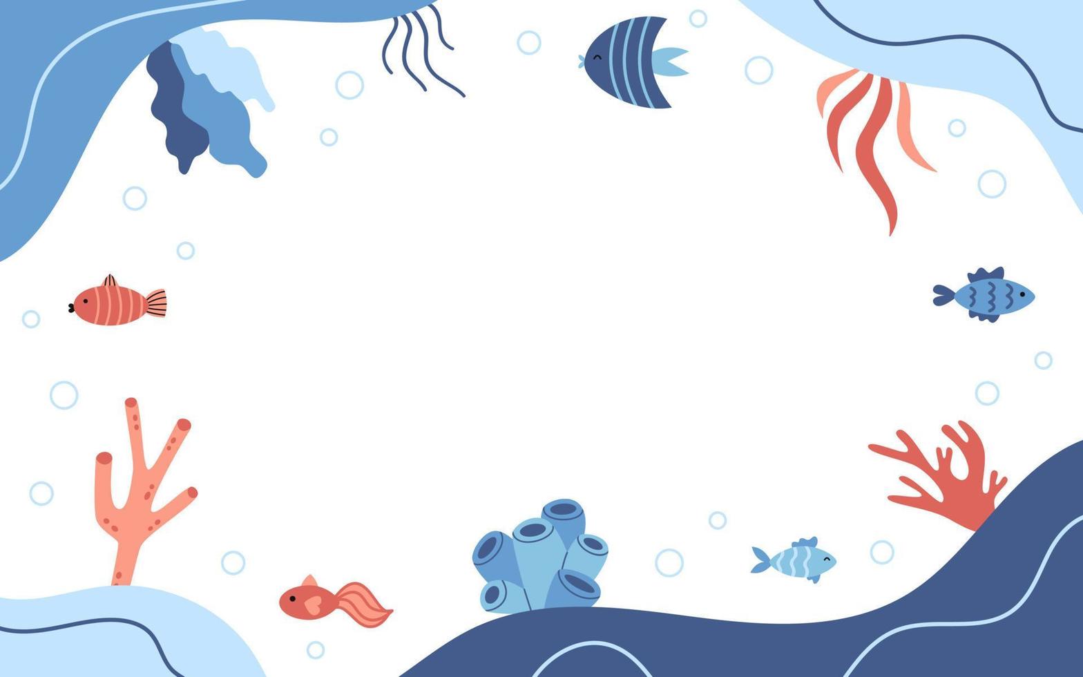 Vector frame with fishes and water plants in flat design. Marine template with copy space. Border with sea animals. Ocean life.