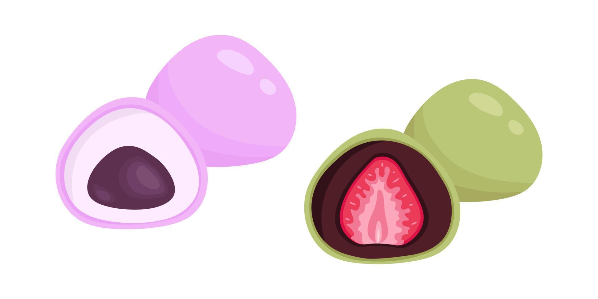 Vector set of pink mochi with azuki bean paste and green tea mochi with strawberry. Illustration of japanese traditional dessert. Asian food.