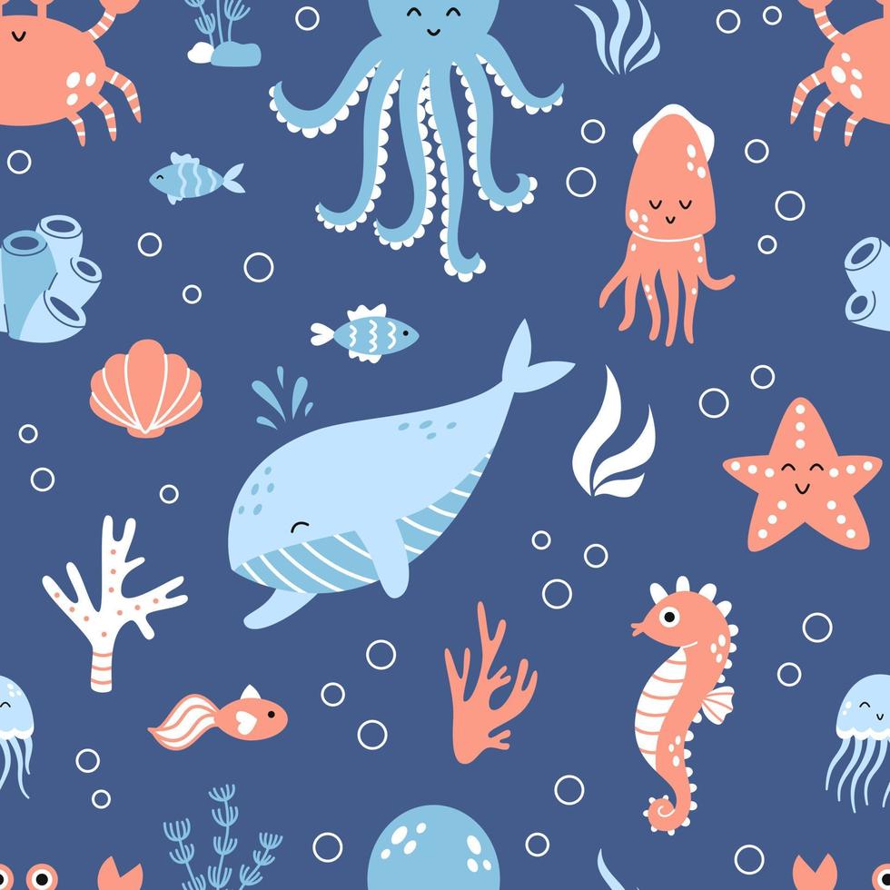 patrón marino vectorial sin costuras. animales marinos sobre fondo azul oscuro. sin fisuras con ballenas, pulpos, cangrejos de mar, estrellas de mar, medusas y otros peces de diseño plano. fondo infantil. vector