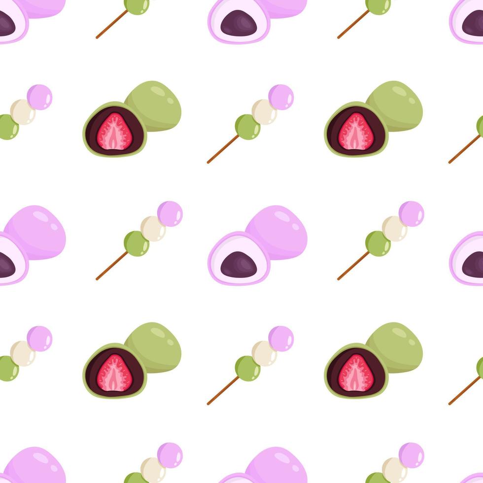 Vector seamless pattern with hanami dango and mochi. White background with japanese traditional desserts. Pink, white and green Dango. Pink mochi and green tea mochi with strawberry. Asian food.