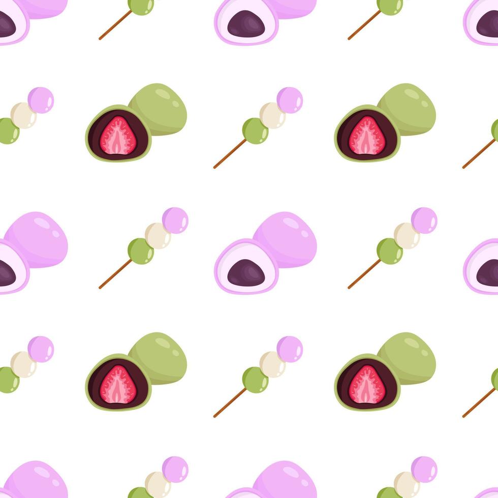 patrón transparente de vector con hanami dango y mochi. fondo blanco con postres tradicionales japoneses. dango rosa, blanco y verde. mochi rosa y mochi de té verde con fresa. comida asiática.