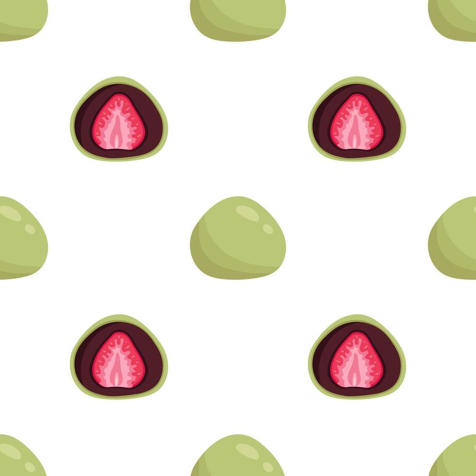 Vector seamless pattern with green tea mochi with strawberry. White background with japanese traditional matcha dessert. Asian food.