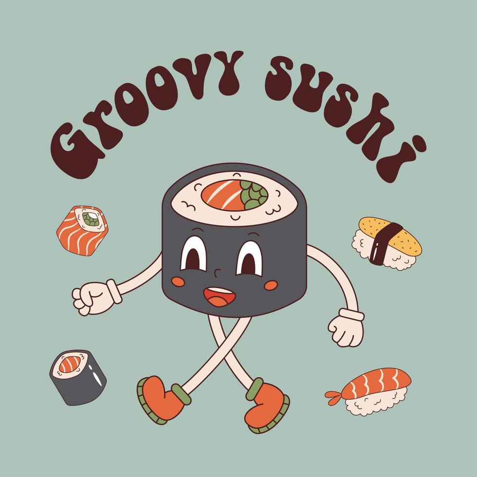 Vector groovy postcard with sushi mascot in retro style. Maki sushi character 70s. Japanese food. Groovy sushi text.