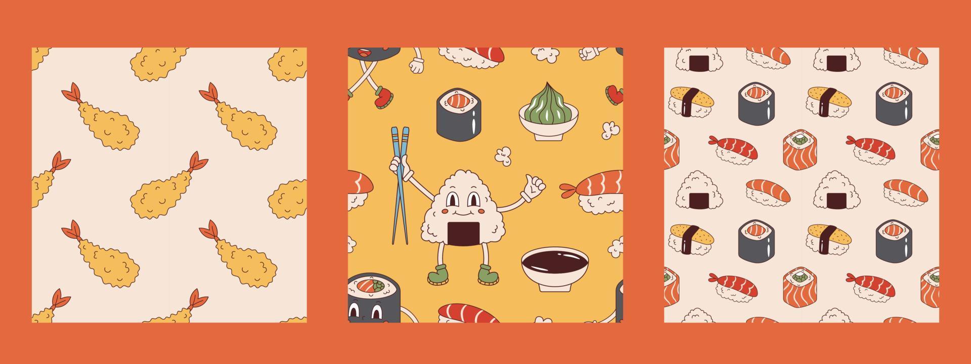 Vector set of seamless patterns with japanese food in retro style. Sushi, onigiri, tempura fried ebi, soy sauce and wasabi. Collection of backgrounds with asian food 70s.