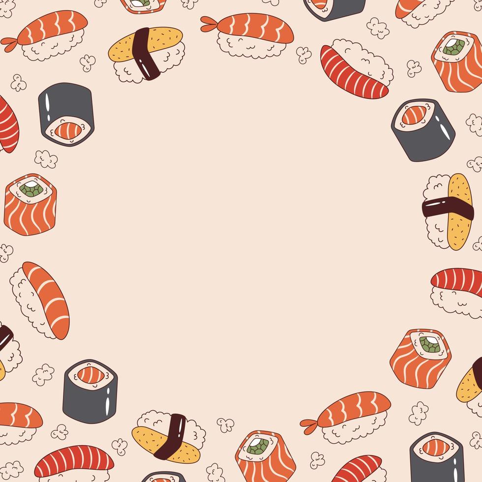 Vector round frame with maki sushi roll and nigiri sushi in retro style. Groovy template with japanese traditional food. Border with asian food 70s.