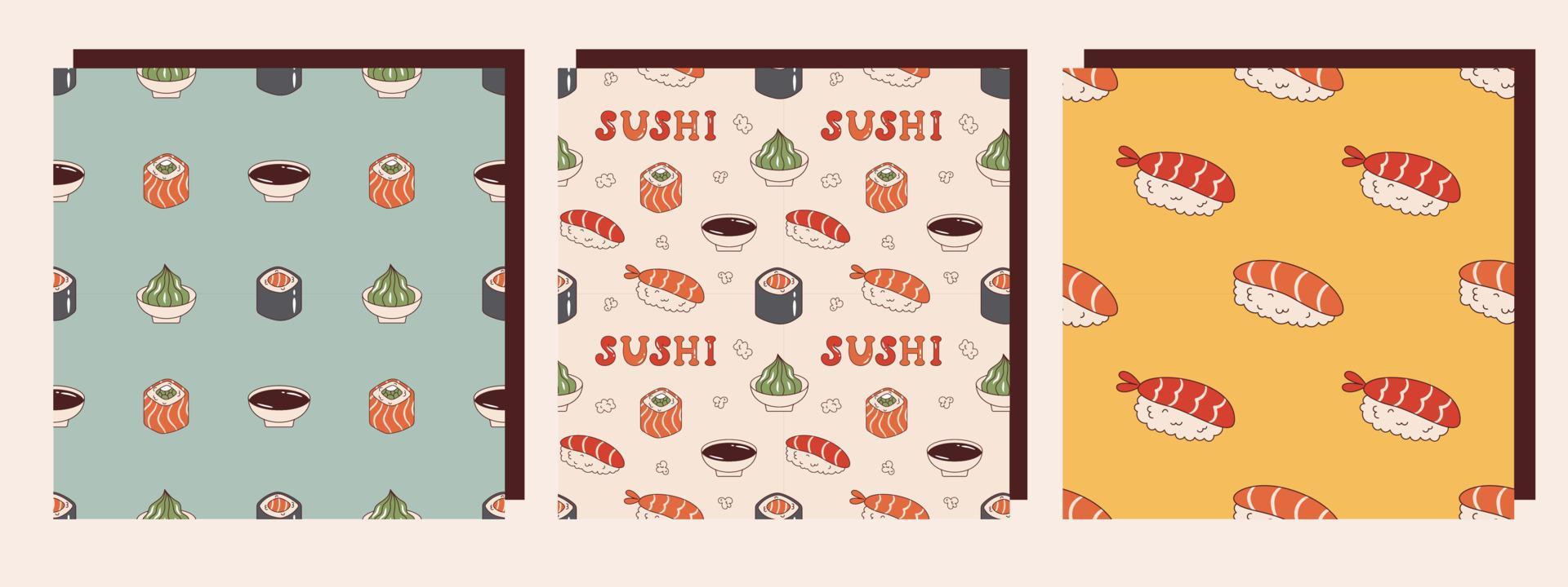 conjunto de vectores de patrones sin fisuras con comida japonesa en estilo retro. onigiri, salsa de soja, wasabi, philadelphia roll y maki sushi. colección retro de fondos con comida asiática de los años 70.