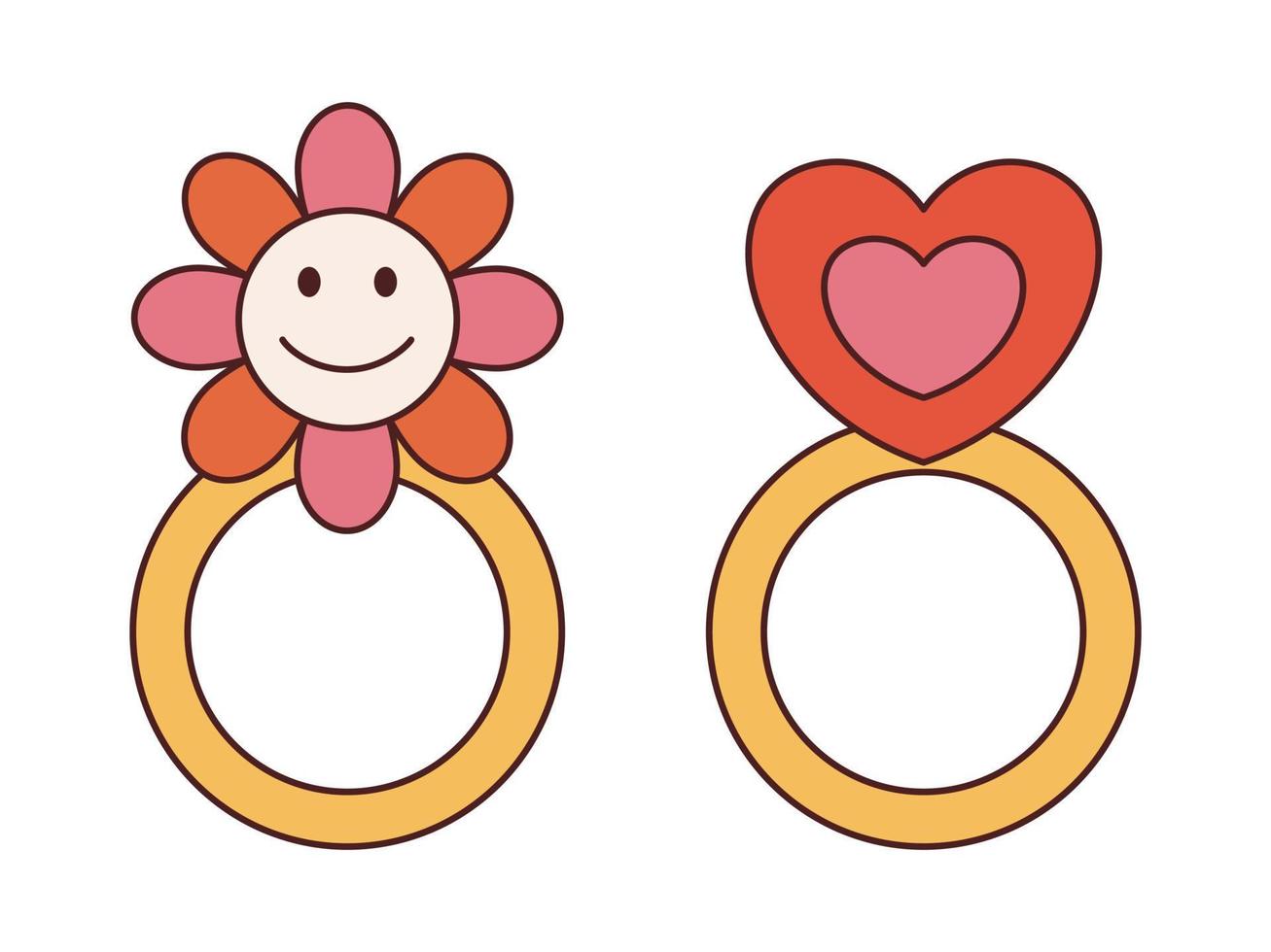 Vector two rings with smiling flower and heart in retro style. Groovy jewelry collection 70s 90s. Y2k set with funny flower ring and heart shaped ring in flat design.