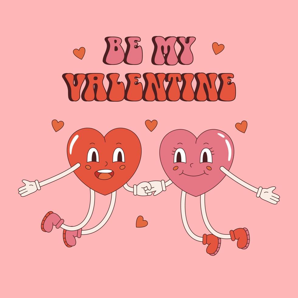 Vector retro postcard with hearts couple. Be my Valentine text. Valentines day poster with phrase. Love and romance. Funny jumping hearts y2k.