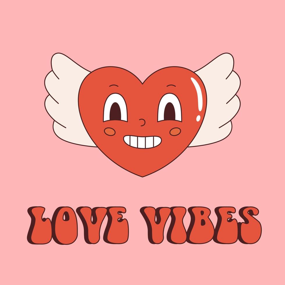 Vector retro postcard with funny heart shaped character with wings. Love vibes text. Valentines day poster y2k. Love and romance. Funny flying heart 70s.