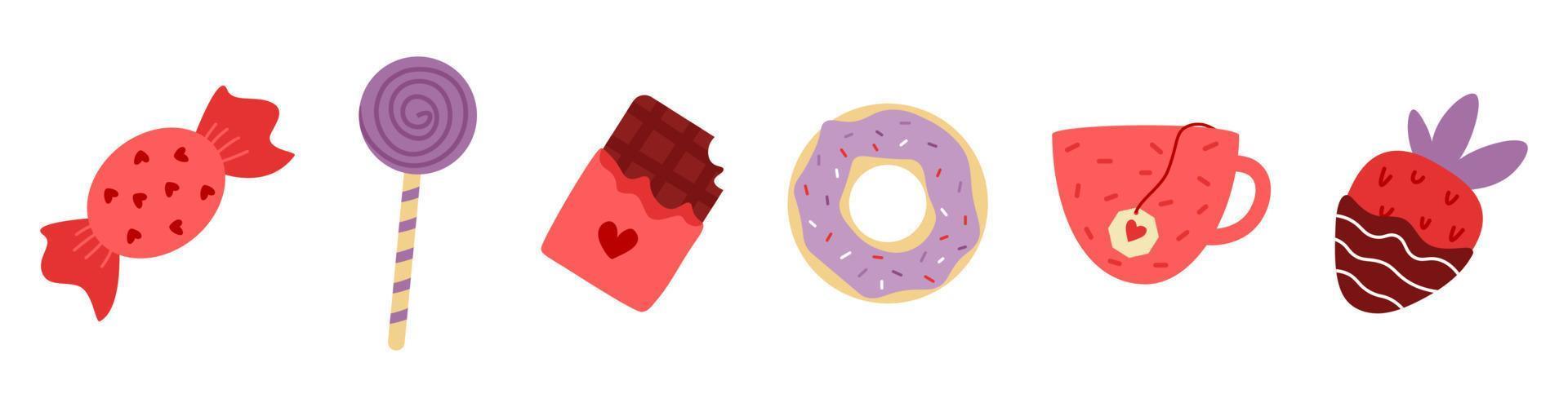 Vector cute sweets. Cup with tea bag and chocolate covered strawberry. Donut and lollipop. Stickers.