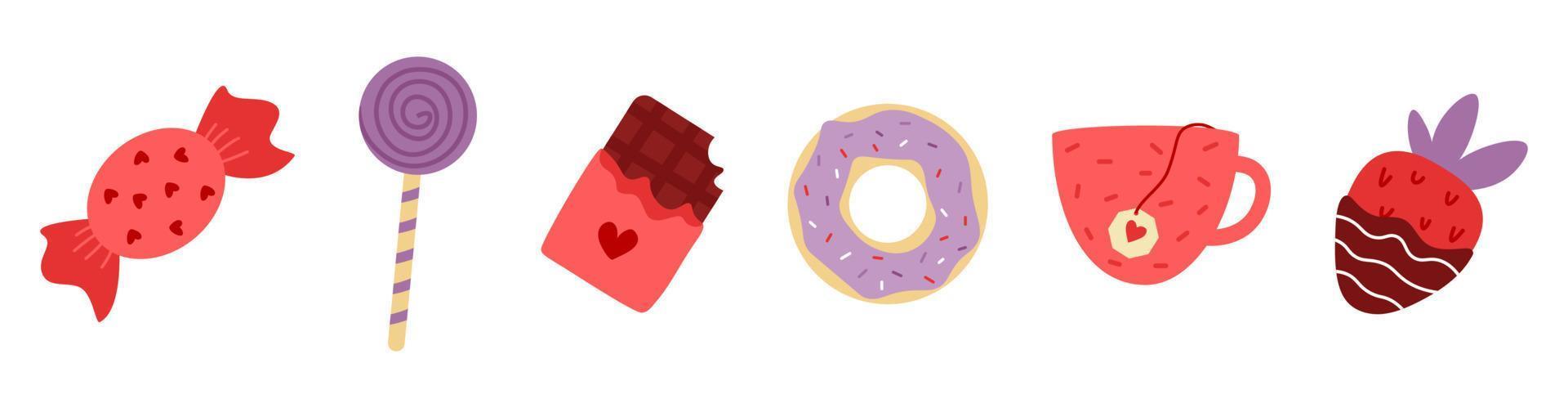 dulces lindos vectoriales. taza con bolsita de té y fresa cubierta de chocolate. donut y piruleta. pegatinas vector