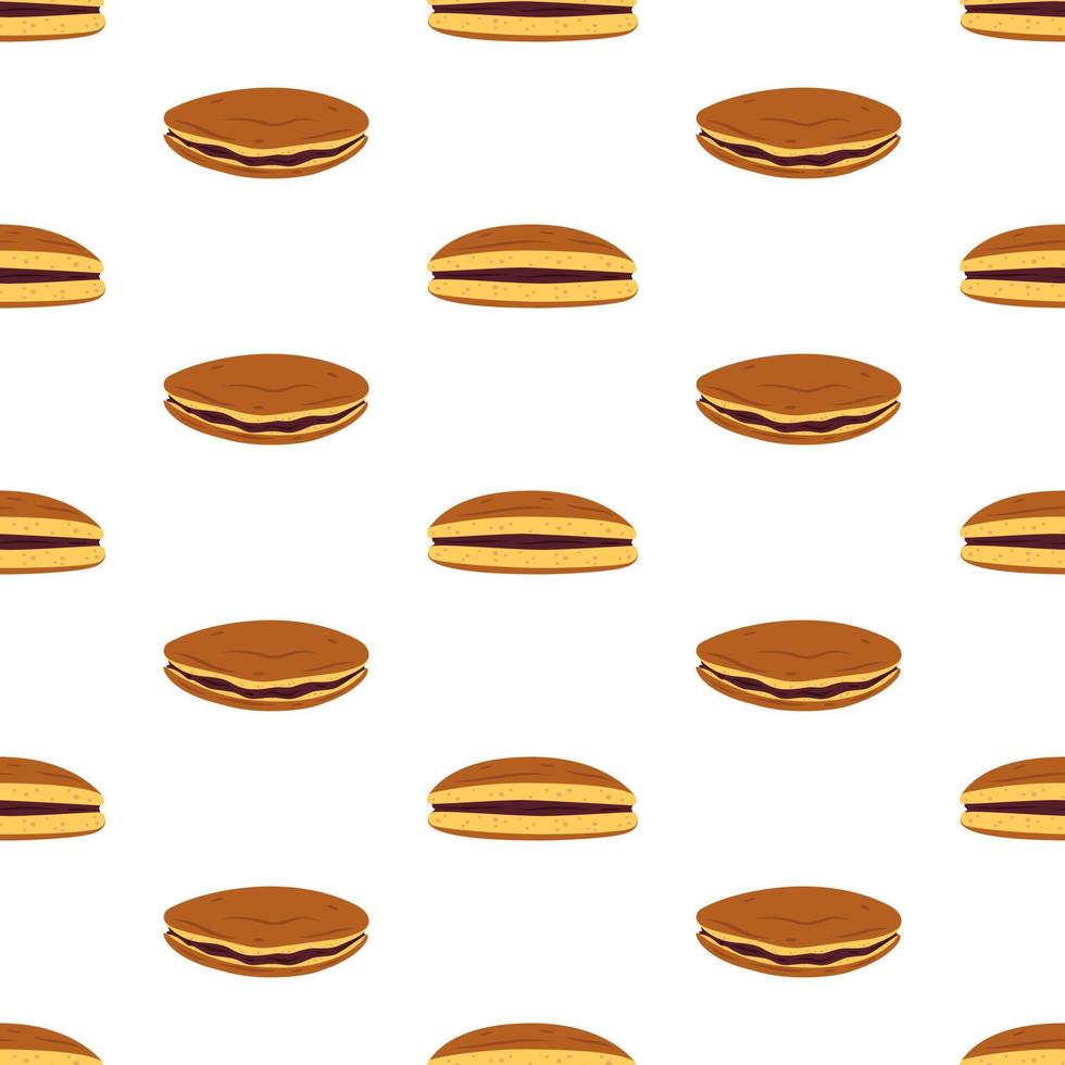 Vector seamless pattern with whole and half dorayaki pancakes with brown azuki bean paste. White background with japanese traditional dessert. Asian food.