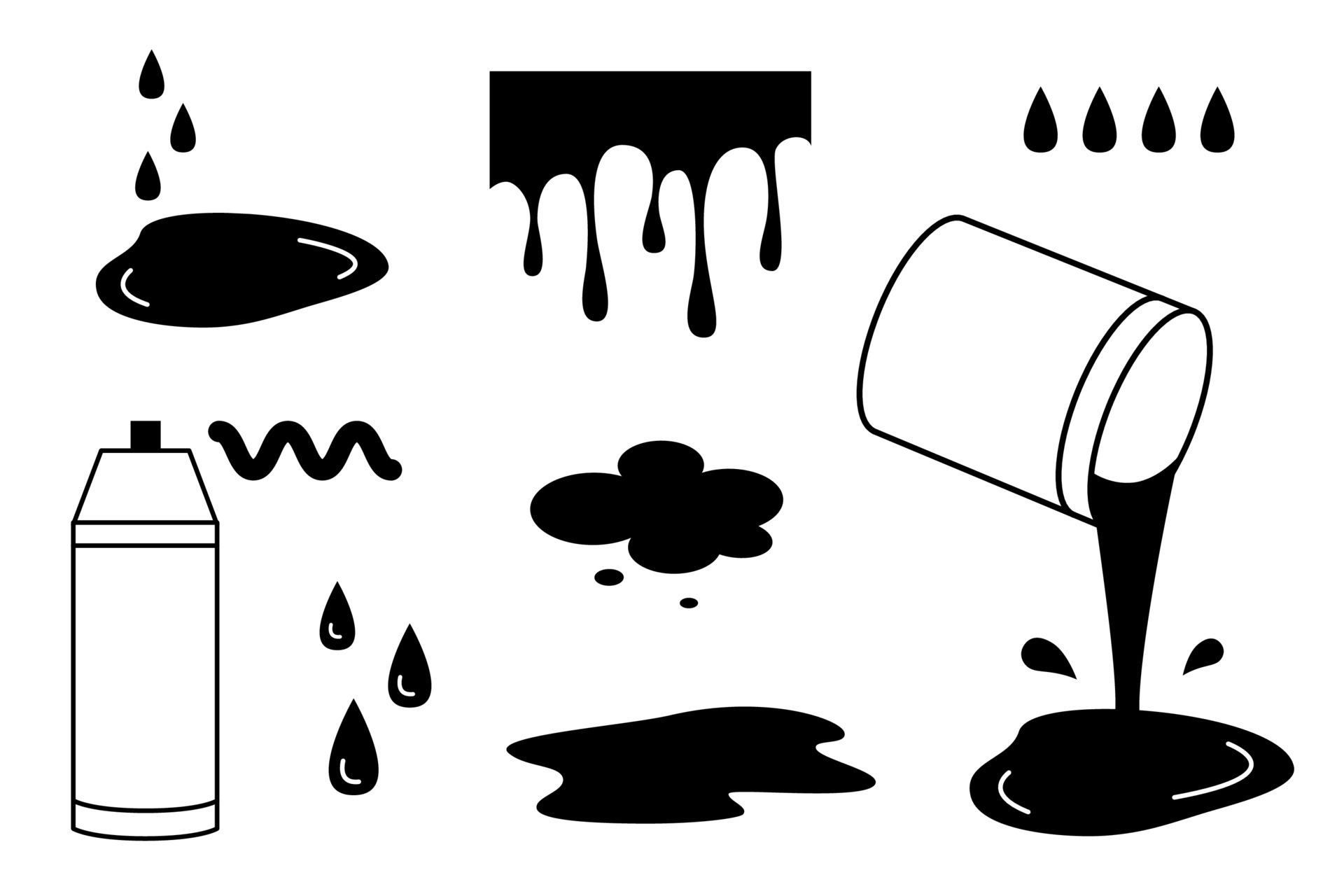 Samples of paint, drips, puddles and drops. Line vector illustration of