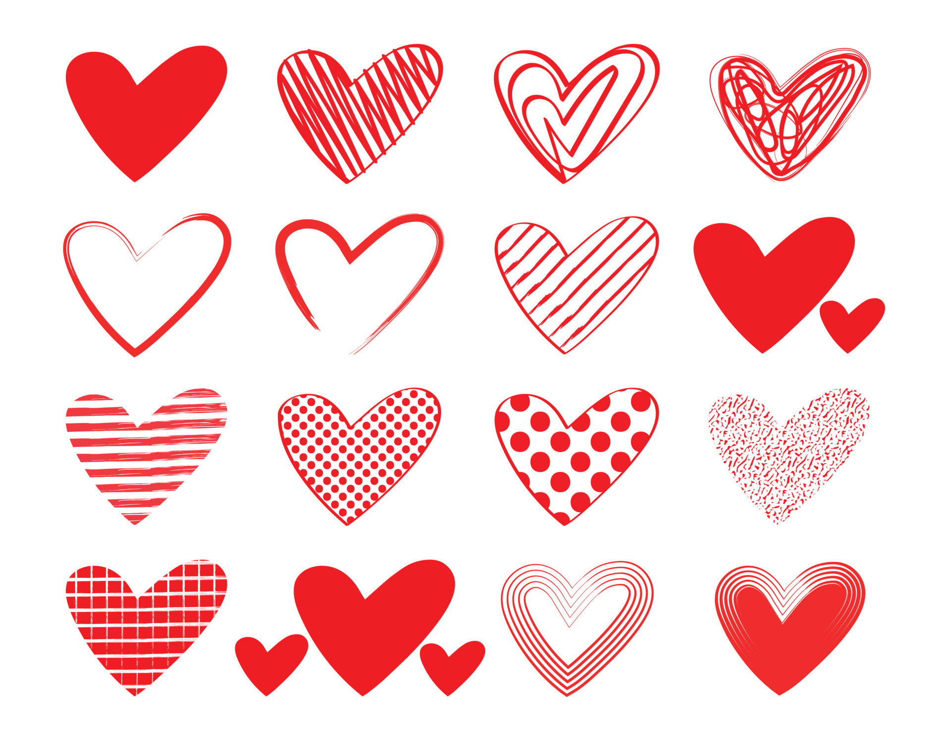 Vector hearts set. Flat, cartoon and line heart symbols. Isolated