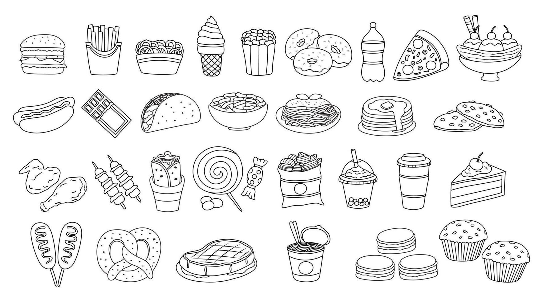 Hand drawn set Of Fast Food Dishes with Drinks and Desserts Collection with burger and pizza, popcorn hot dog and coke drink with donut, cup noodles and steak, French fries and taco vector